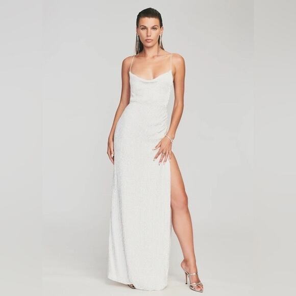 NWT RETROFETE Women's Moonglow White Katya Revolve Sequin Maxi Dress Size Large - Picture 1 of 15